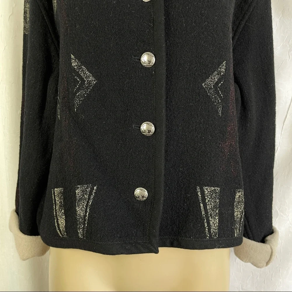 🚫SOLD🚫 Chico’s Southwestern Black Red Aztec Print Buffalo Nickel Buttons Wool - Picture 8 of 16